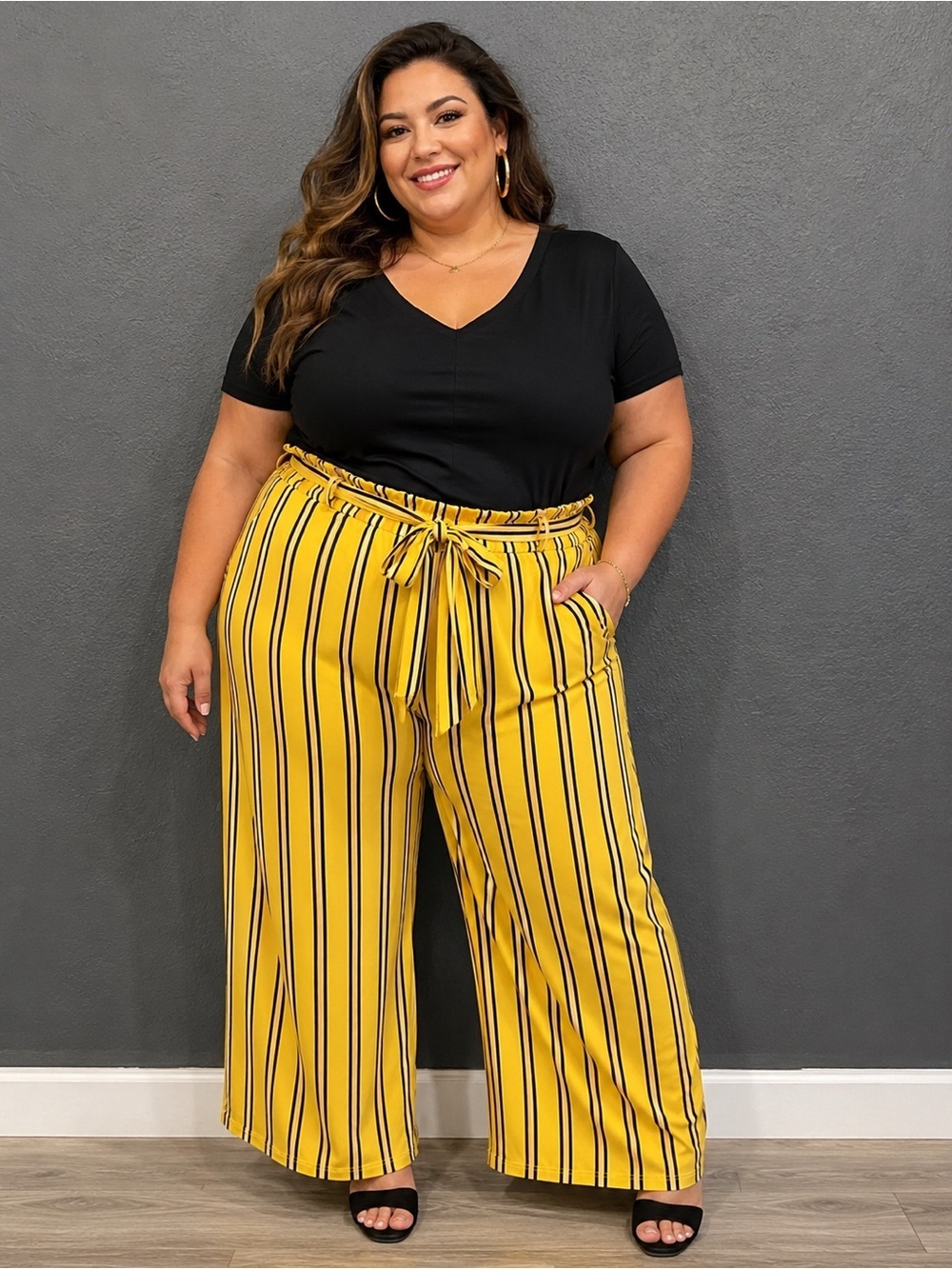 C.EST 1946 Women's Mustard and Black Striped Plus Size Tie Waist Palazzo Trouser